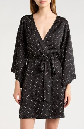 Open Edit Get Ready with Me Satin Robe in Black- Ivory Polka Dot at Nordstrom, Size X-Small