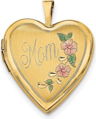 Diamond2Deal 14k Yellow Gold Pink and Green Enameled Floral MOM Script 20mm Heart Locket