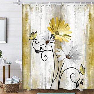 OEM Cortina De Ducha R&uacute;stica Estilo Granja, Decorada Con Margaritas Amarillas Y Motivos De Mariposas, 70x75 Pulgadas, Incluye 12 Ganchos, Compatible Con B