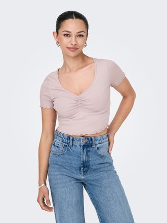 Only Kurzarmshirt ONLY ONLBETTY S/S V-NECK TOP CC JRS, Damen, Gr. L (40), lila (violet ice), Jersey, Obermaterial: 95% Baumwolle, 5% Elasthan, unifarben, r