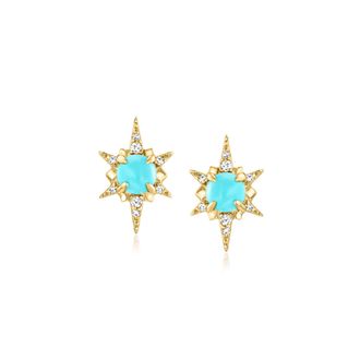 RS Pure by Ross-Simons Turquoise Starburst Earrings With Diamond Accents in 14kt Yellow Gold