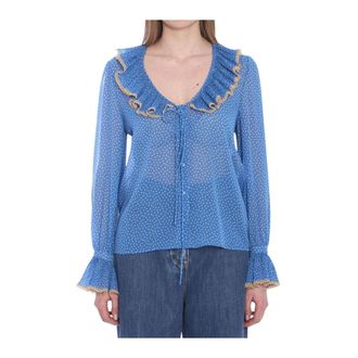 Valentino Garavani Blouses, female, Blue, Size: XS Polka Dot Ruffle Neck Blouse