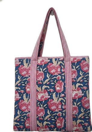 Generic Quilted Floral Tote Bag for Women - Stylish Pink & Blue Handbag, Spacious Shoulder Bag for Everyday, Beach, Travel & Shopping
