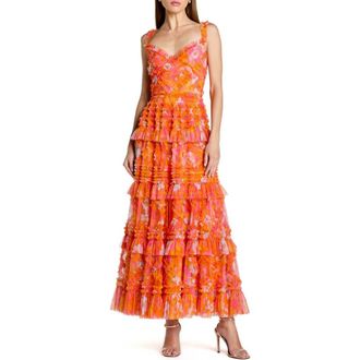 Mac Duggal Sleeveless Floral Ruffle A-Line Maxi Dress in Orange Multi at Nordstrom, Size 14