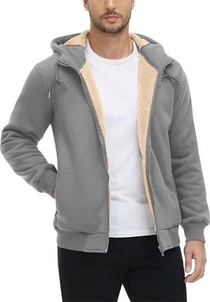 Generic Mens Fleece Hoodies, Full Zip Jacket Sherpa Fluffy Lined Coat Solid Color Sweatshirt Long Sleeve Hooded Cardigans, Winter Warm Thick Jackets with Pock