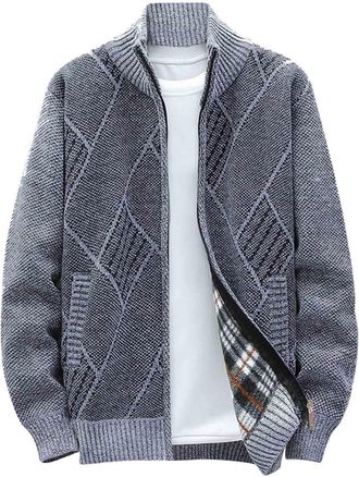 Generic Mens Knitted Cardigan Sweater Loose Full Zip Coats Winter Warm Stand Up Collar Long Sleeve Outerwear Outdoor Lightweight Fleece Lined Daily Wear Jacke