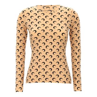 Marine Serre Long Sleeve Tops, female, Beige, Size: M Moon Printed Jersey Crewneck Top