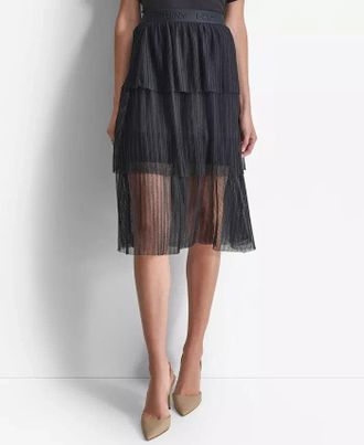 DKNY Dkny P4GG7XVT Skirt Womens Black Tiered Plisse Sheer Elastic Waist FTS1404