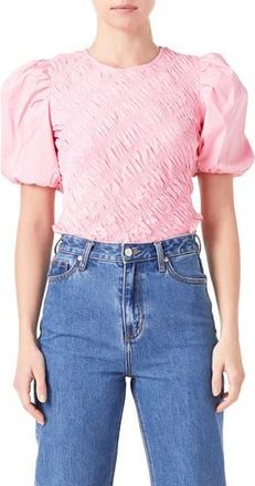 English Factory Asymmetric Shirred Puff Sleeve Top in Pink at Nordstrom Rack, Size X-Small