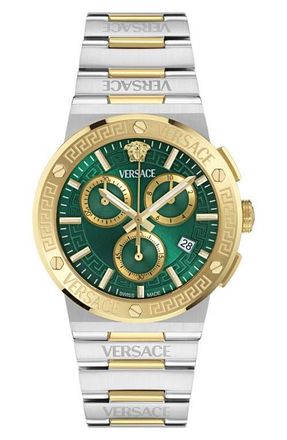 Versace Greca Logo Chronograph Bracelet Watch, 40mm in Two Tone/green at Nordstrom