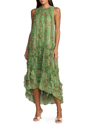 Mac Duggal Sleeveless Floral Print Chiffon Micro Ruffle Gown in Sage Multi at Nordstrom, Size 18