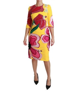 Dolce & Gabbana Womens Yellow Floral Crystal Bodycon Sheath Dress - Multicolour Silk - Size Small