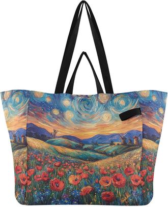 Generic Red Flower Field pattern Reusable Canvas Tote Bag, Heavy Duty Grocery Shopping Bag with Large Capacity Hard Bottom Double Handles Work Groceries Trave