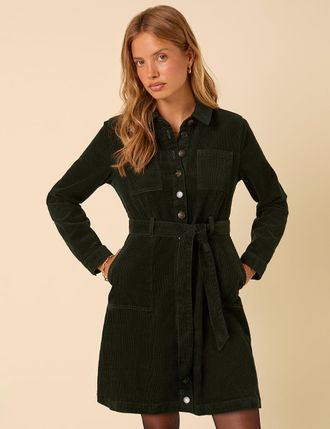 Nobody's Child Forest Green Cord Long Sleeve Finchley Mini Dress