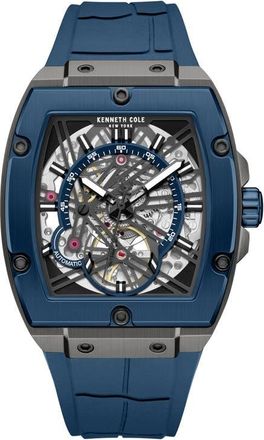 Kenneth Cole Skeleton Blue Tonneau Automatic Silicone Strap Watch, 41.5mm x 53.5mm at Nordstrom