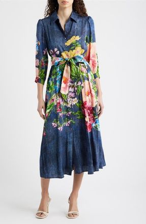 Elie Tahari The Johanna Floral & Denim Print Dress in Denim Garden Print at Nordstrom, Size 14