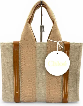 Chlo&eacute; Beige Leather Linen Handbag Tote Bag (Pre-Owned)