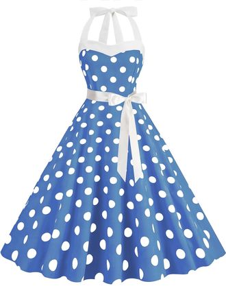 Generic Womens 50s 60s Retro Halter Neck Polka Dot Print A Line Rockabilly Dress Sleeveless Backless Vintage Swing Prom Party Dresses Homecoming Dresses for T