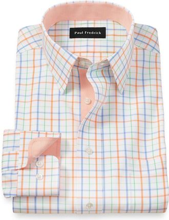 Paul Fredrick Tailored Fit Comfort Stretch Non-iron Check Dress Shirt With Contrast Trim