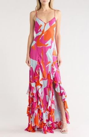 Diane Von F&uuml;rstenberg Stella Ruffle Maxi Dress in Island Camo Large Pink at Nordstrom Rack, Size 10