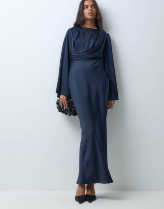 Asos vestito lungo drappeggiato con maniche a campana blu navy