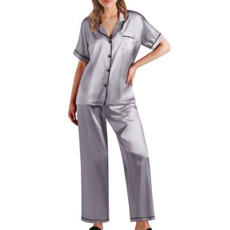 Generic Womens Summer Pyjamas 4XL Pyjamas Soft Satin Nightwear Ladies Pyjama Classic Short Sleeve Tops and Pjs Trousers Bottoms Two Piece Sets Cosy Pajama Out