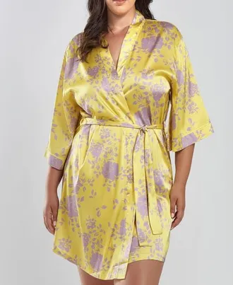 iCollection Floral Printed Satin Robe in Yellow-Purple at Nordstrom, Size 3X