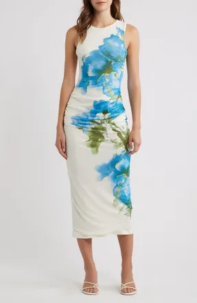Flying Tomato Floral Ruched Midi Dress in Ivory Blue at Nordstrom, Size Medium