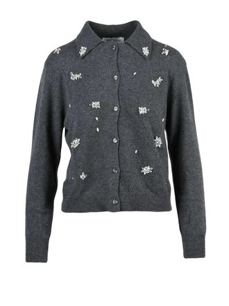 Ermanno Scervino Grey Rhinestone Collar Metallic-Blend Cardigan