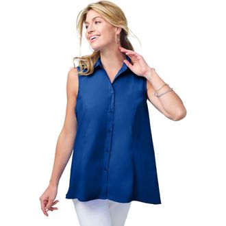 Jessica London Stretch Cotton Poplin Sleeveless Shirt in Dark Sapphire at Nordstrom, Size 12