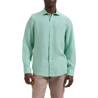 Bugatchi Axel Shaped Fit Linen Button-Up Shirt in Menthol at Nordstrom, Size Xxx-Large