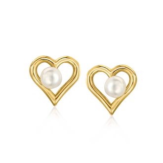 Ross-Simons 4-4.5mm Cultured Pearl Heart Earrings in 10kt Yellow Gold