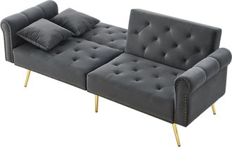 STILVORA Clic-clac 2 Plazas En Terciopelo Con Respaldo Ajustable 3 Posiciones, Patas De Metal Dorado Y 2 Cojines, Gris Antiguo