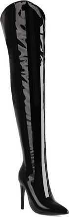 Generic Black,8.5 UK,Womens Over The Knee Thigh High Boots Long Stretch Pointed Toe Stiletto High Heels Patent Leather PU Fall Winter Dress Shoes