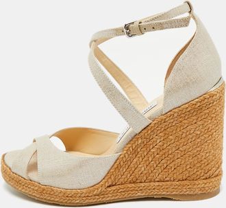 Jimmy Choo London Beige Textured Cork Alanah Wedges Ankle Strap Sandals
