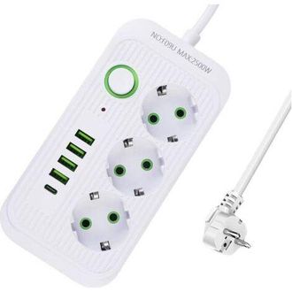 OEM Regleta De 3 Tomas Con Cable De 2 M, 2500 W E Interruptor, Regleta Usb De 10 A, Con 3 Puertos De Ca, 4 Puertos Usb Y 1 Puerto Usb-c, Color Blanco