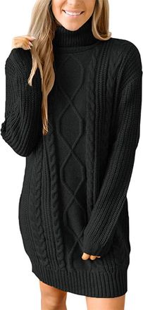 Generic Women Winter Autumn Solid Color Roll Neck Jumper Dress Fashion Long Sleeve Cable Knitted Pullover Dress Casual Loose Knit Mini Dress Basic Sweater Dre