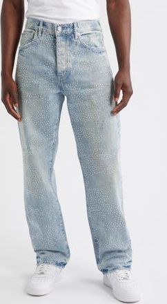 Purple Sandstone Camo Hotfix Embellished Straight Leg Jeans in Light Indigo at Nordstrom Rack, Size 34