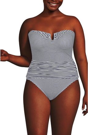 Lands End Plus Size Slender Suit U-Wire Bandeau Tankini Top in Deep Sea Navy Mini Stripe at Nordstrom, Size 24W