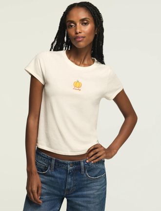 Lucky Brand Womens Embroidered Pumpkin Baby Tee