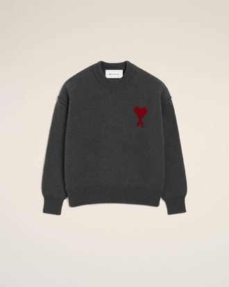 Ami Grey Wool Crewneck Sweater With Contrasted Ami De Coeur Grey - XL - Unisex