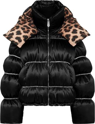 Philipp Plein Down Puffer Jacket Flame with Crystals - Dames - Gewatteerde jassen - Zwart - M - Polyester - Jassen