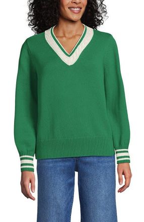 Lands End Drifter Set in Sleeve Vneck Sweater in Vibrant Clover/ivory Tipping at Nordstrom, Size X-Small P