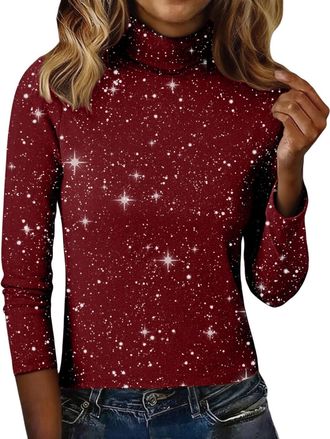 Generic Sparkly Jumpers for Women UK Polo Neck Long Sleeve Glitter Knitted Sweater Sequin Shimmer Cocktail Holiday Party Tops(Red, XXL)