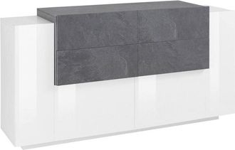 Dmora Credenza moderna a 2 ante e 4 cassetti, Made in Italy, Madia da cucina, Buffet di design da soggiorno, cm 160x45h86, colore Bianco lucido e Grigio