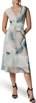 DKNY Watercolor Print Ruched Sleeveless Dress in Skylight Multi at Nordstrom, Size Small