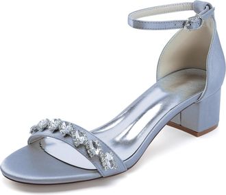 Generic Wedding Shoes Womens Elegant Bridal Low Heel Sandals Comfortable Evening Prom Satin Chunky Heels Shoes 4.5Cm,Silver,10 UK