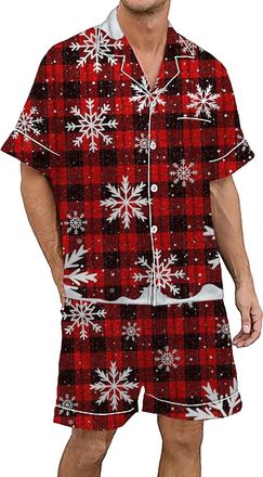 Generic Mens Christmas Printed Silk Satin Pajama Set Short Sleeve Button Up Wear Holiday Sleepwear Comfortable Lightweight Elegant Design (XL) Wine