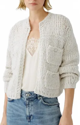 Oui Wool Knit Jewel Buttons Cardigan In Light Beige
