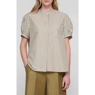 Lafayette 148 New York Stripe Puff Sleeve Oversize Cotton Poplin Shirt in Khaki Green Multi at Nordstrom, Size X-Large